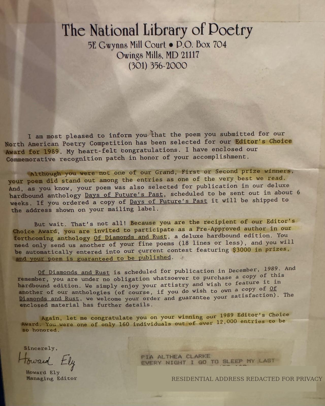 Original 1989 Editor’s Choice Award letter from The National Library of Poetry, with Pia’s former residential address redacted for privacy