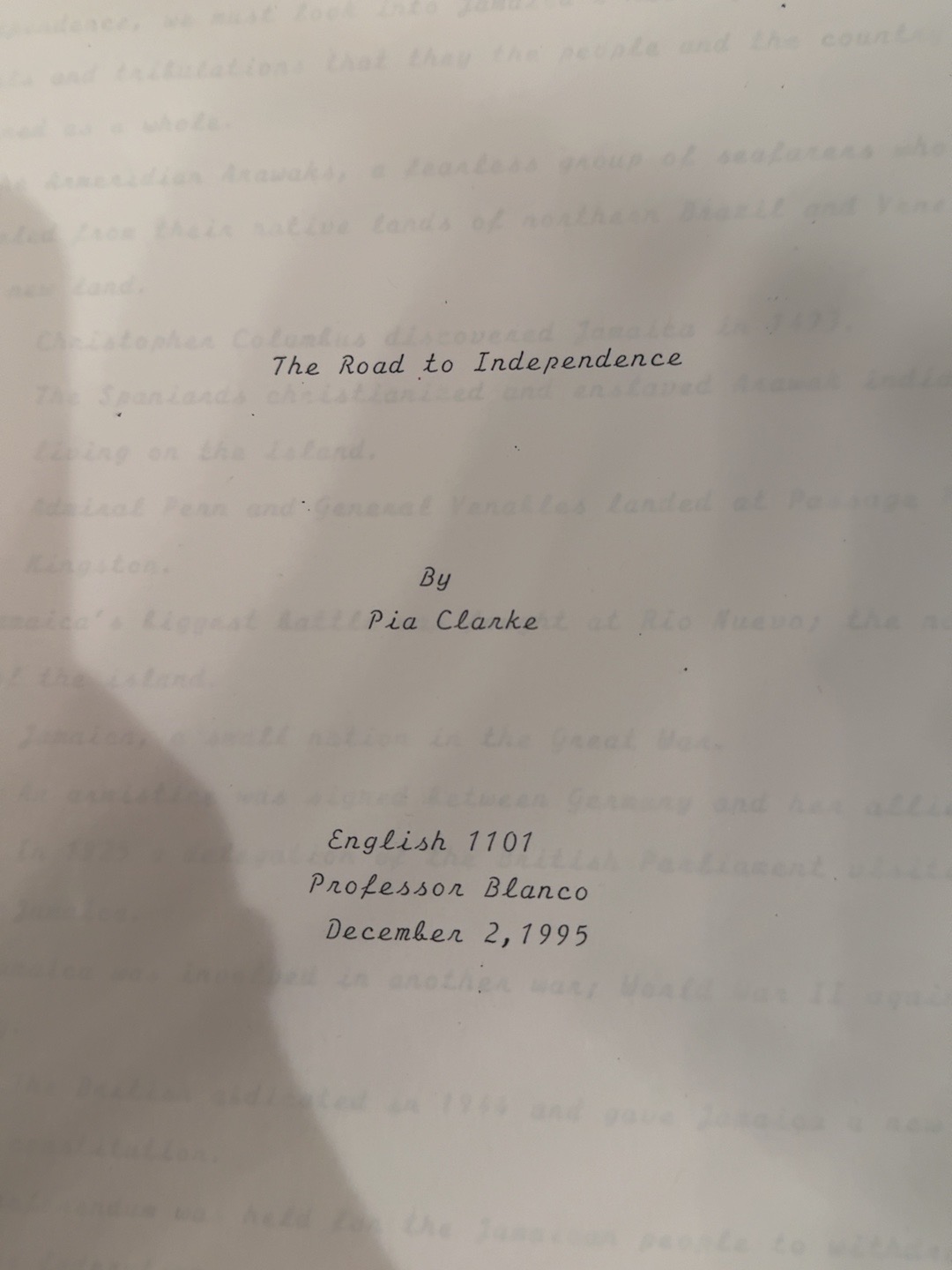 Original title page of The Road to Independence by Pia Clarke, dated December 2, 1995
